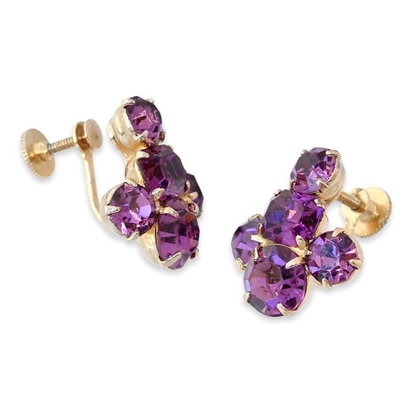 Vintage Coro Purple Rhinestone Cluster Screw Back Earrings Gold Plated Clip On - Picture 2 of 6